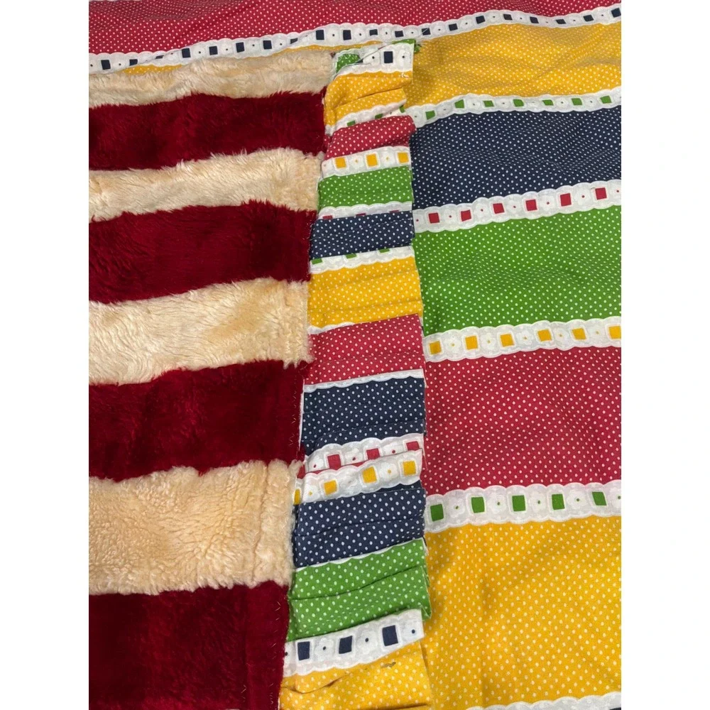 Handmade Throw Blanket Unisex OS Multicolor Striped Checkerboard Faux Fur Retro‎